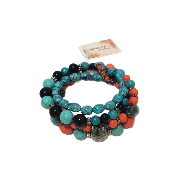 Desert Sunset Western Multi-Wrap Memory Wire Bracelet in Teal, Coral, and Onyx - Picture 7 of 9